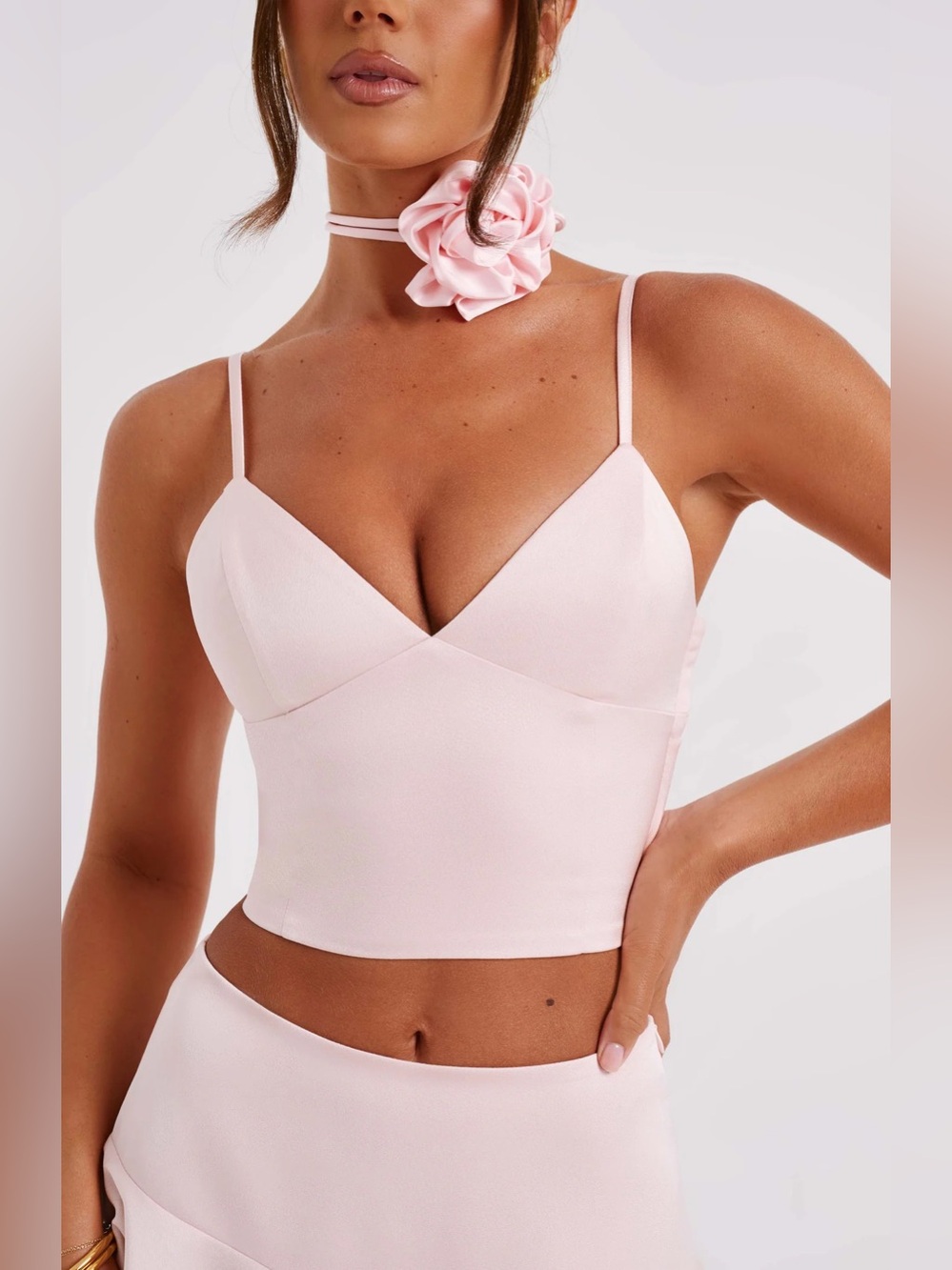 BABYBOO Louisa Satin Crop Top XS Blush Pink Lace-Up Back Plunge Neck Feminine